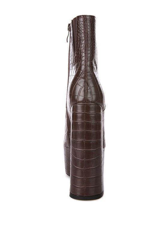 Rag Company crocodile pattern platform boots in brown with a sleek silhouette and stylish design