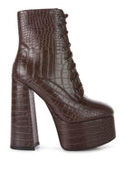 Rag Company crocodile pattern platform boots in brown with high block heels and lace-up design