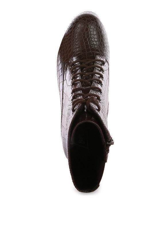 Rag Company crocodile pattern platform boots in dark brown with lace-up design