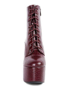 Rag Company women's crocodile pattern platform boots with lace-up front and shiny burgundy finish