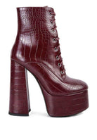 Rag Company burgundy crocodile pattern platform boots with lace-up design and high block heel