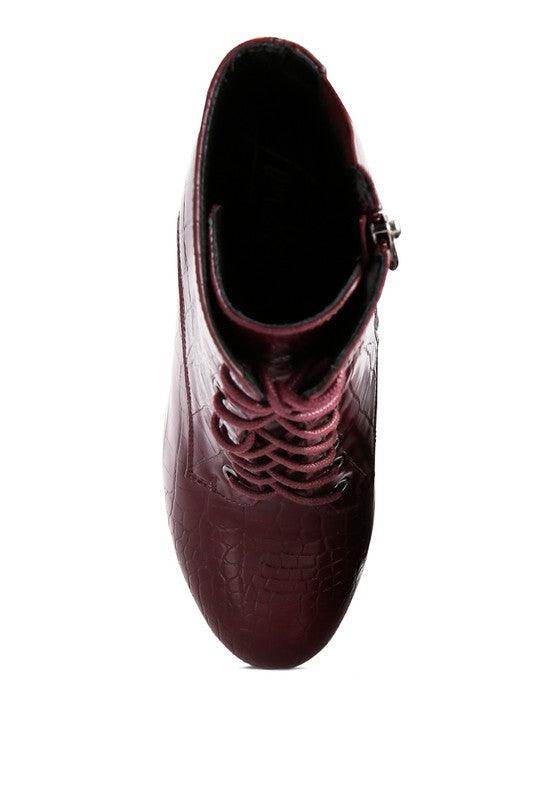 Rag Company women's crocodile pattern platform boots in dark maroon with stylish lace-up design