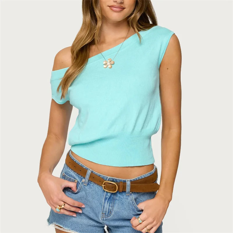 Women's aqua crop top, soft knit, perfect for casual outings