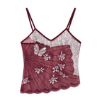 Burgundy lace crop top with floral and butterfly designs for summer outings