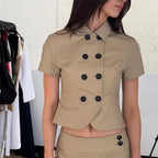 Women's beige crop top with button detail, stylish for casual outings