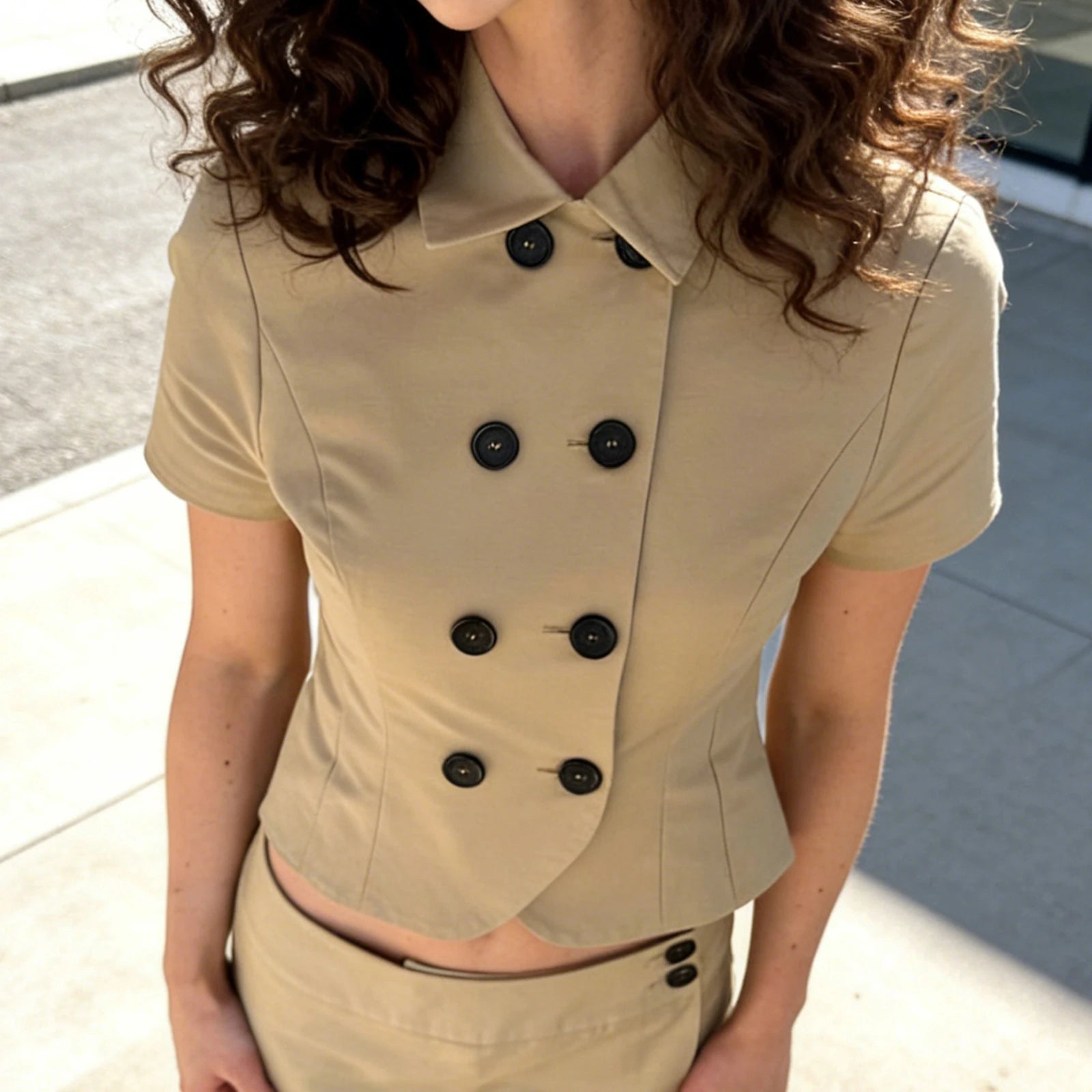 Women's tan crop top with button detailing for casual wear