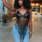 Women's black crop top, mesh material, stylish summer wear