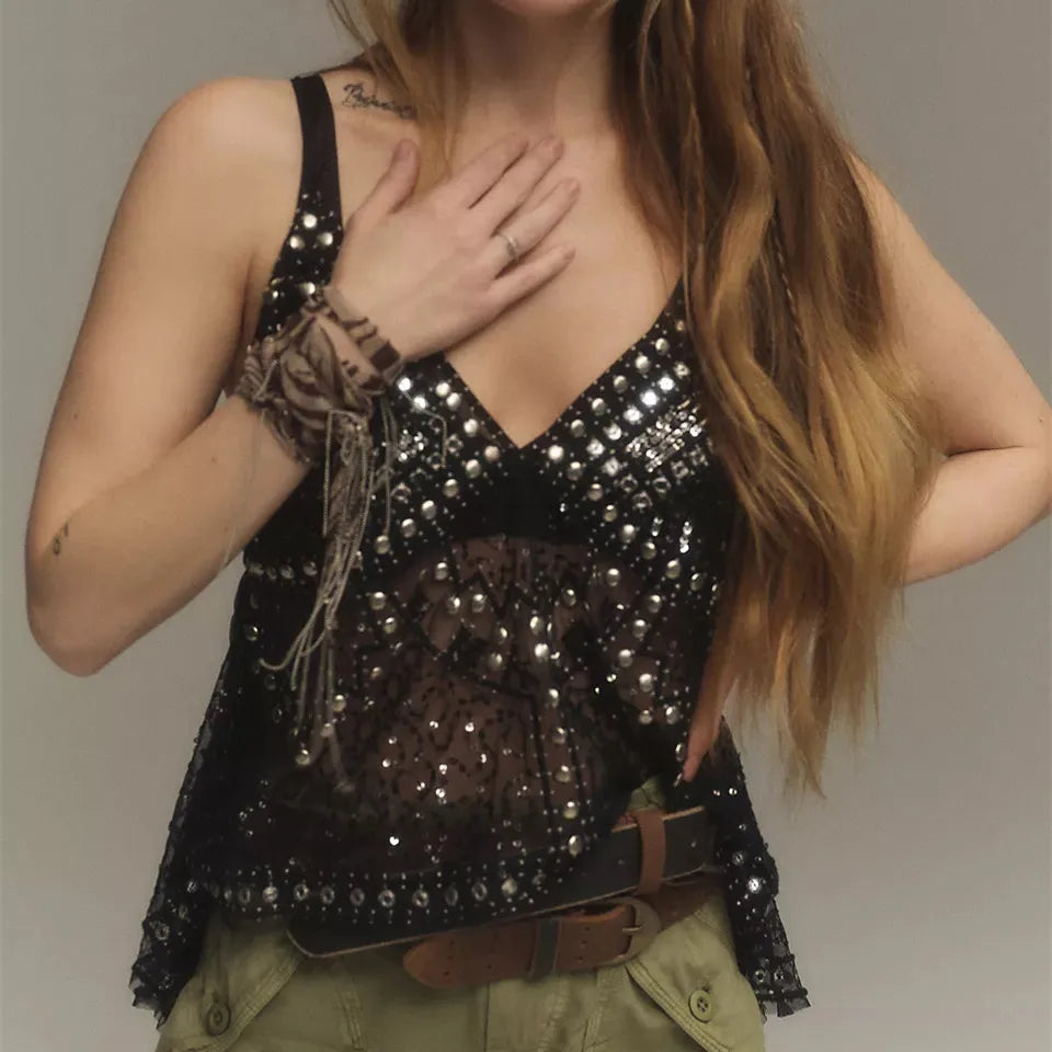 Women's sequined black crop top for a stylish night out