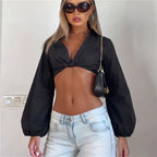 Black balloon sleeve crop top for trendy casual outfits
