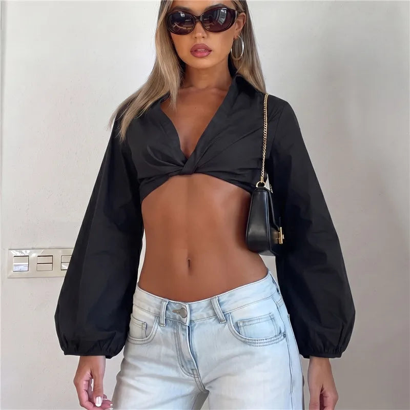 Black balloon sleeve crop top for trendy casual outfits