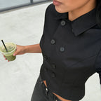 Women's black crop top shirt, stylish design for casual outings