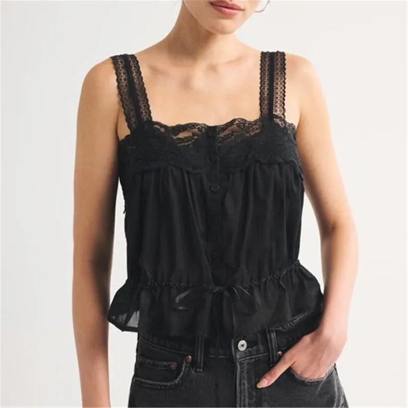 Women's black lace crop top, lightweight fabric for casual outings