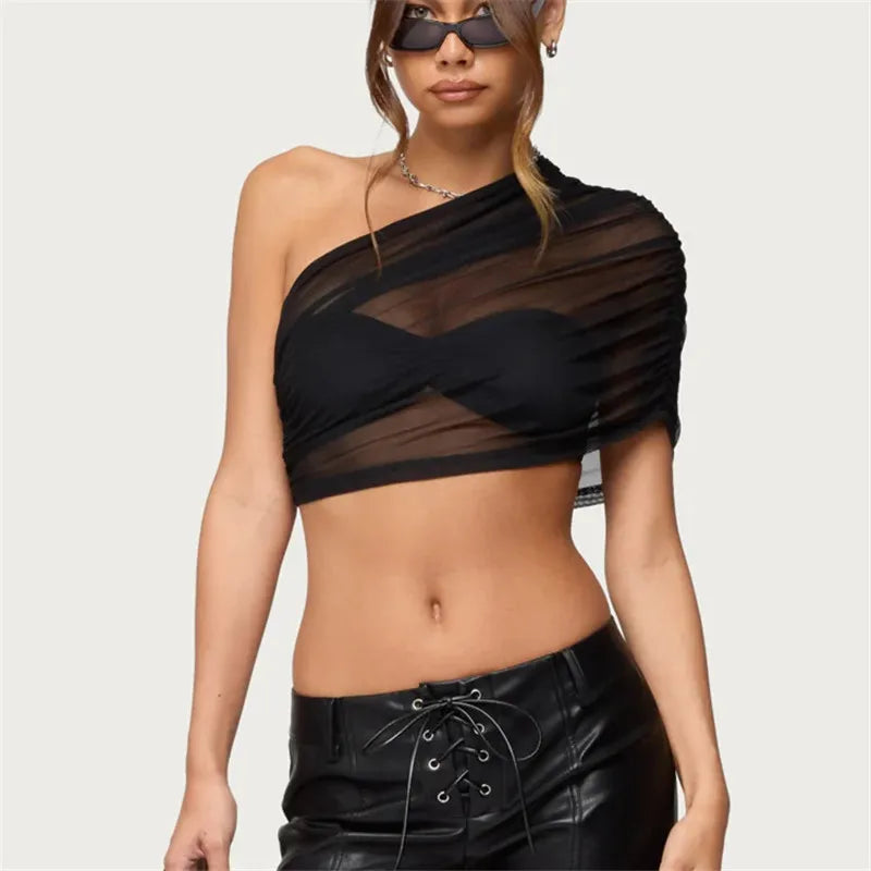 Women's black sheer crop top, perfect for stylish summer outings