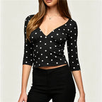Women's black polka dot crop top, stretchy fabric for casual wear
