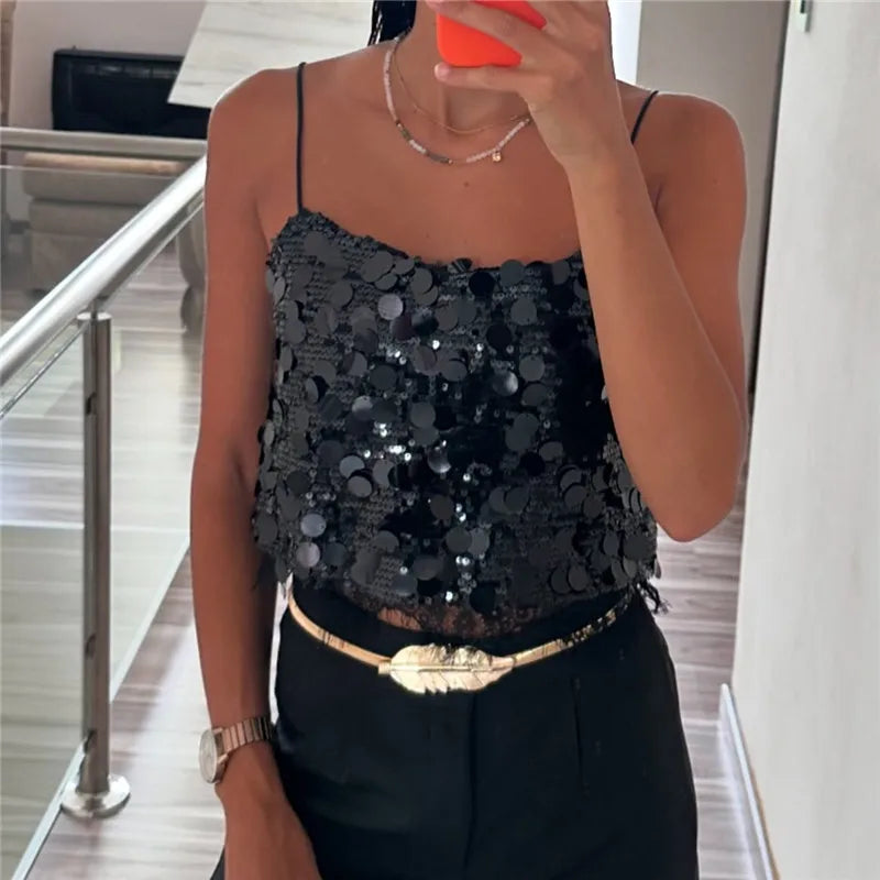 Women's black sequin crop top, perfect for night outings
