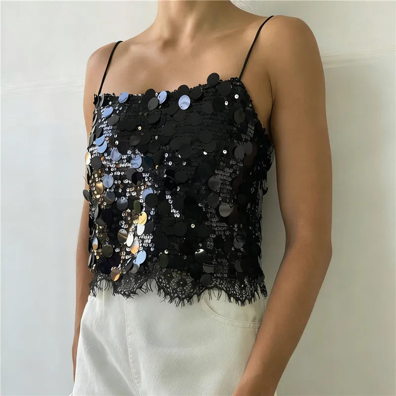 Black sequined crop top for women, perfect for evening wear