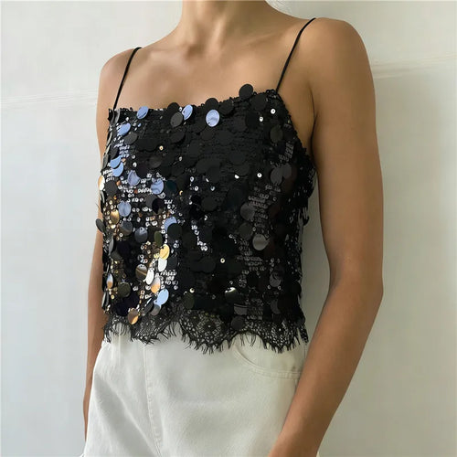 Black sequined crop top for women, perfect for evening wear