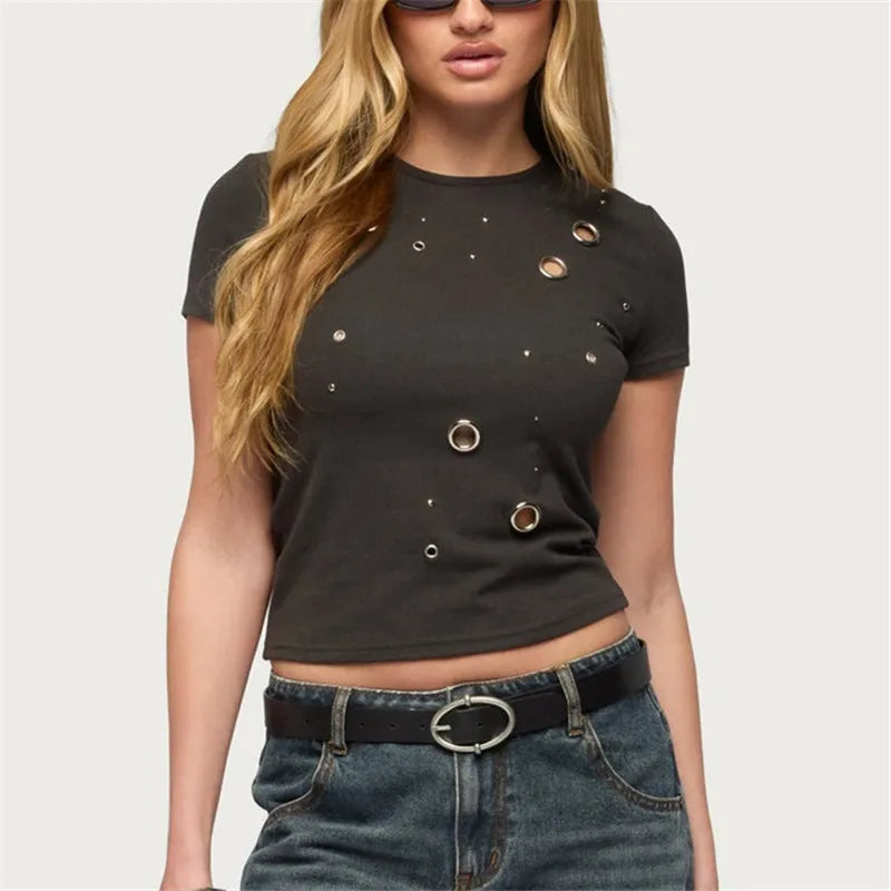 Women's black crop top with eyelet detailing for casual wear
