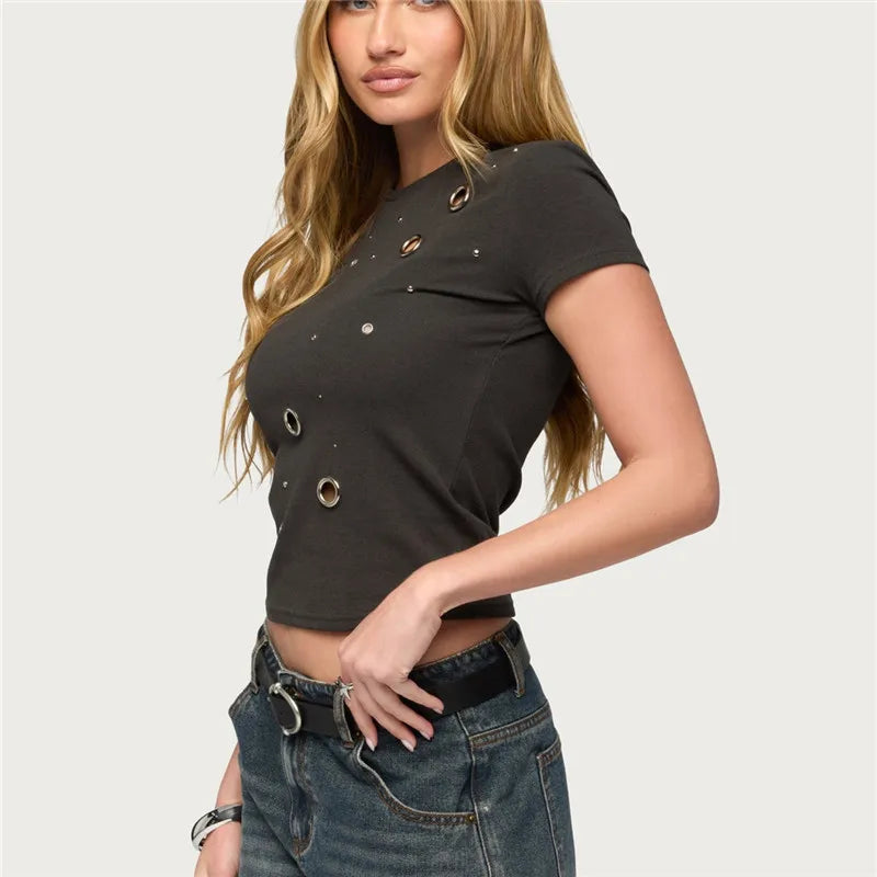 Women's black crop top with stylish ring details for casual wear