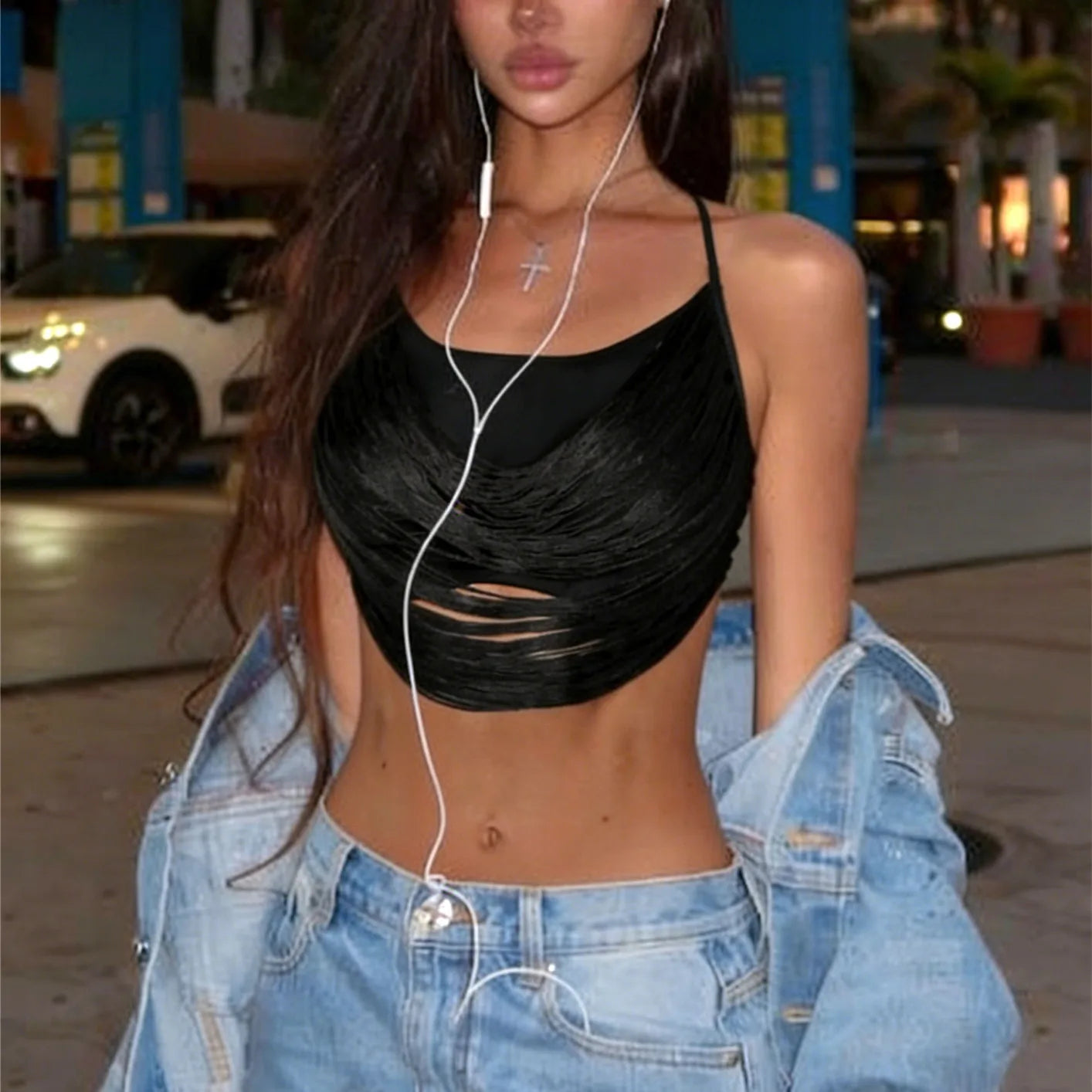black crop top with cutout design, casual summer wear