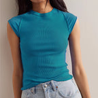 Women's blue ribbed crop top for casual summer outings