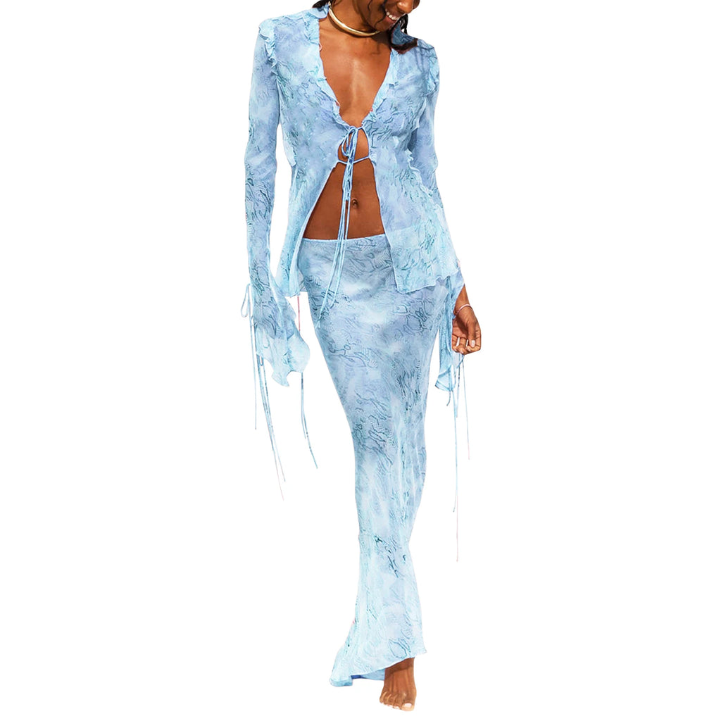 Women's blue floral crop top and skirt set for summer outings