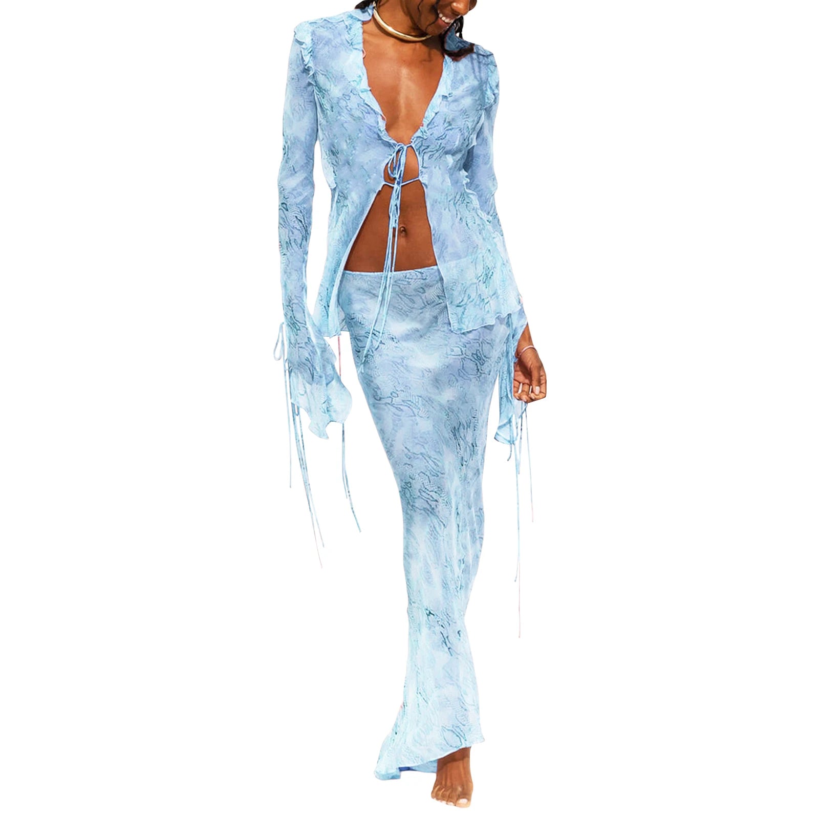 Women's blue floral crop top and skirt set for summer outings