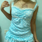Women's blue polka dot crop top, lace details, casual wear