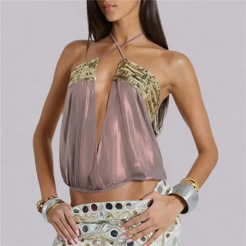 Women's satin crop top in mauve, perfect for summer parties