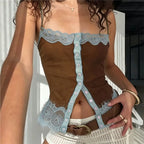Women's brown crop top with lace trim, perfect for summer outings.