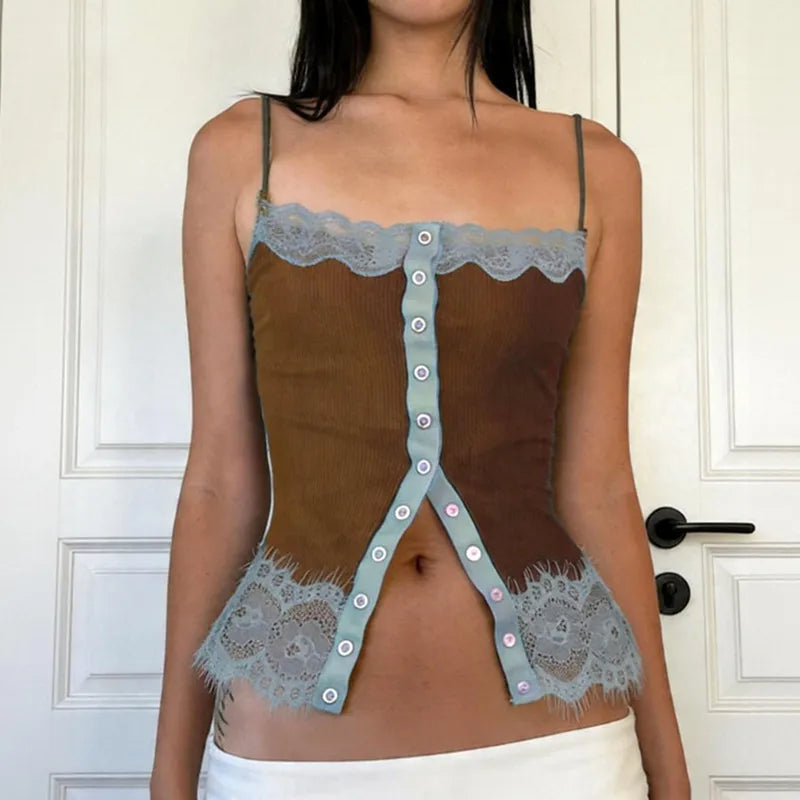 Women's brown crop top with lace trim, perfect for casual outings