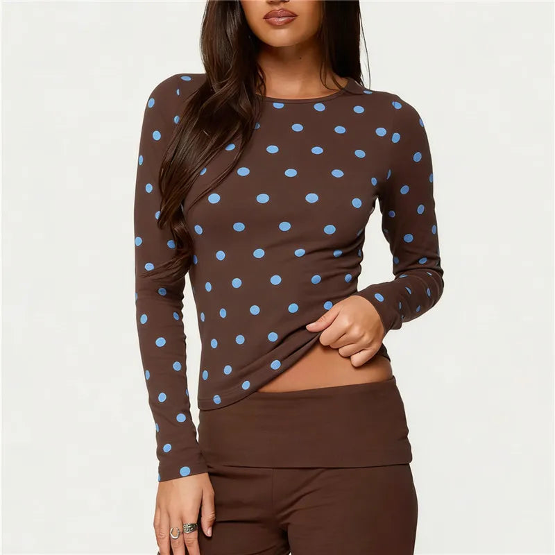 Brown polka dot crop top, long sleeve, lightweight cotton blend