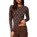 Brown polka dot crop top, long sleeve, lightweight cotton blend