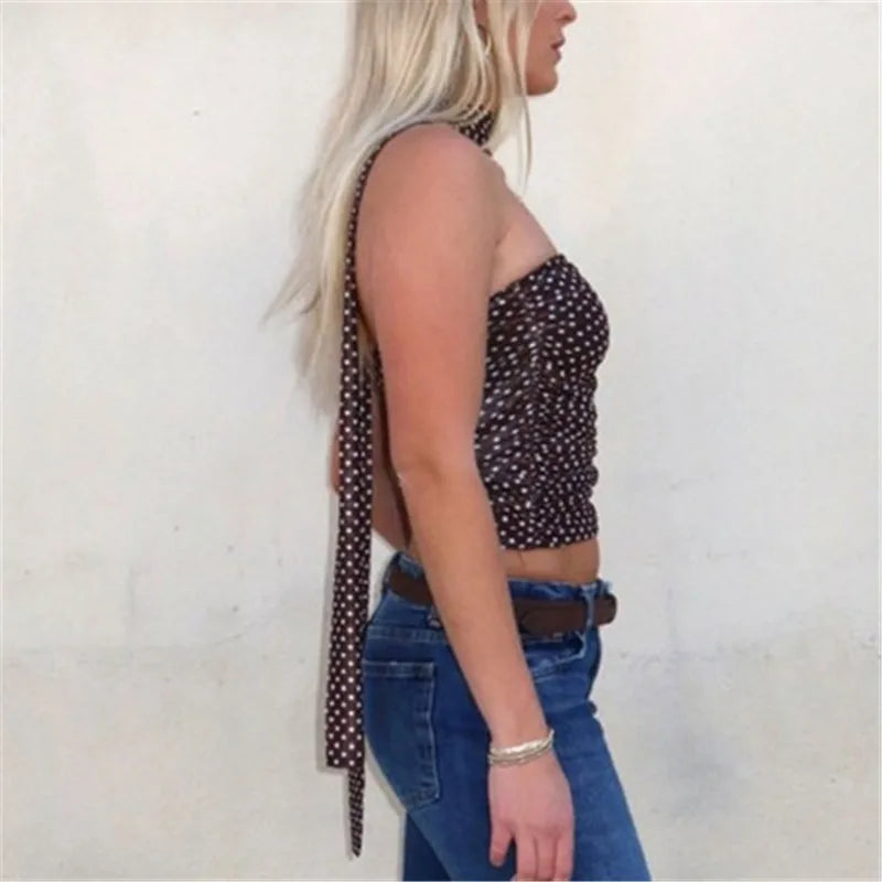 Women's polka dot crop top in brown, perfect for summer outings