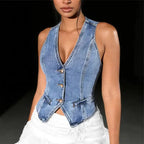 Women's denim crop top, stylish vest, perfect for casual outings