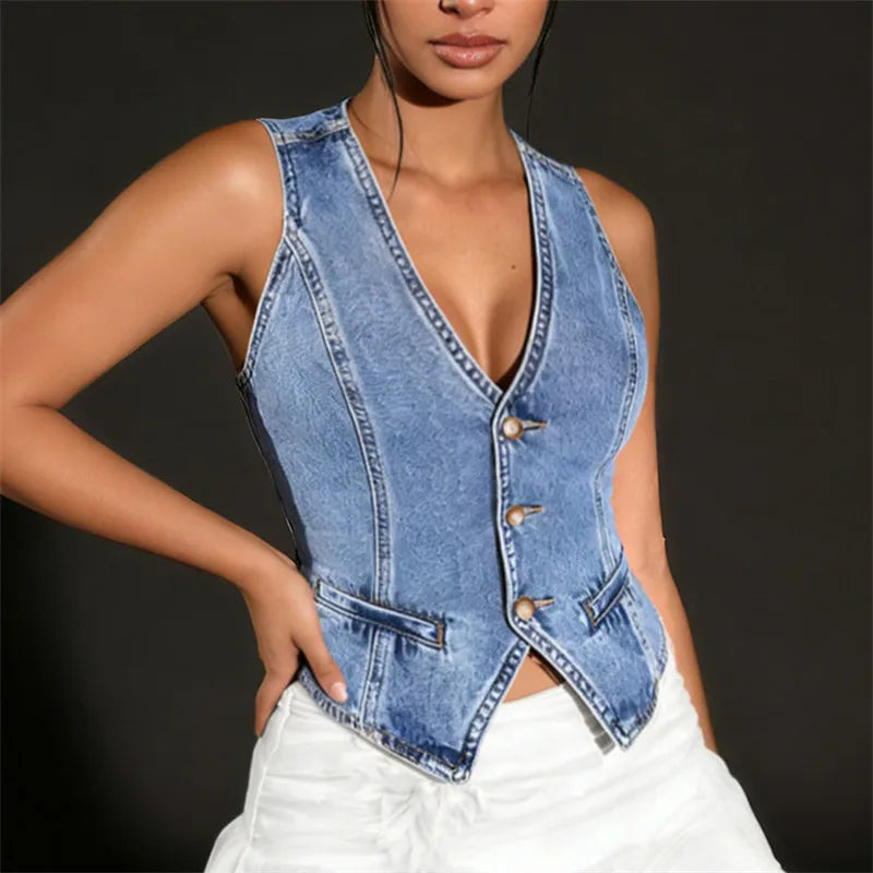 Women's denim crop top, stylish vest for casual outings