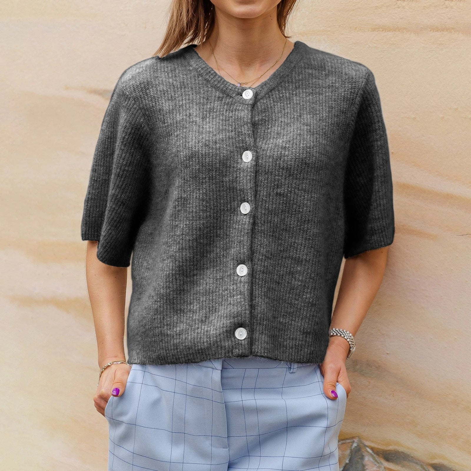 Women's gray cropped sweater top, lightweight ribbed knit for casual outings