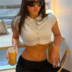 Women's cropped button-up top in light gray, perfect for casual outings