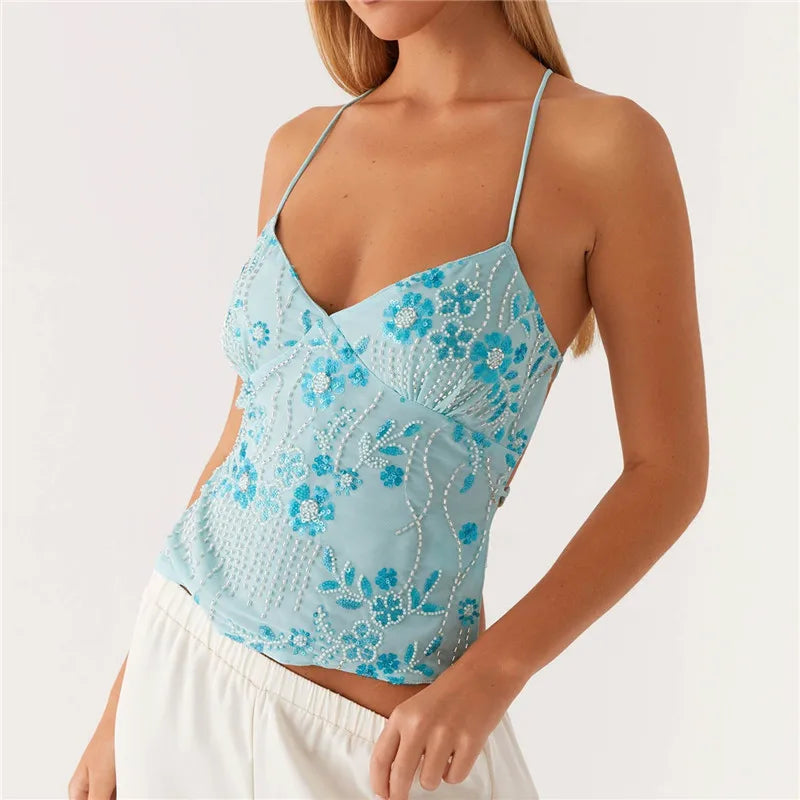 Women's blue embroidered crop top, lightweight for casual outings