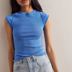 Women's blue ribbed crop top, perfect for casual summer outfits