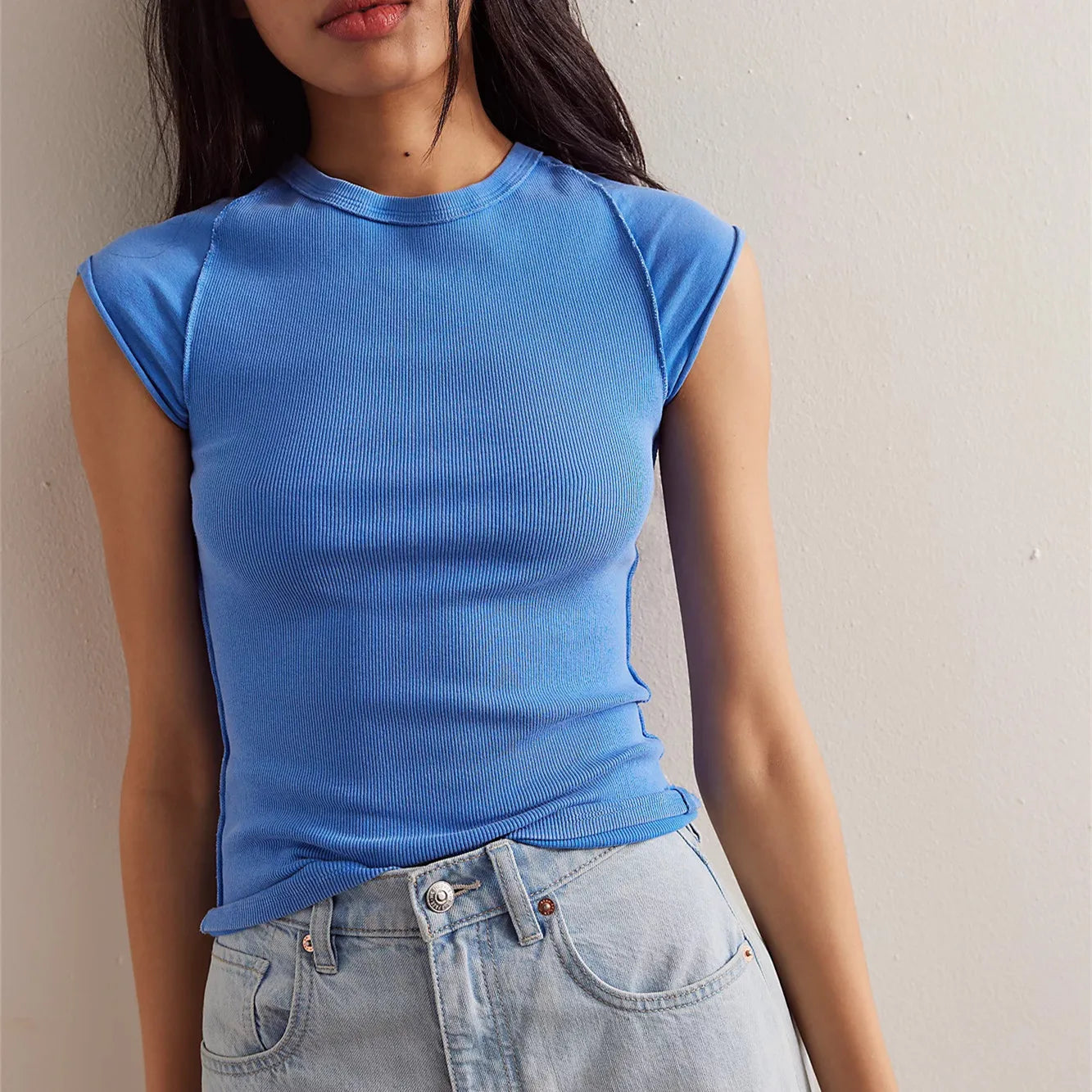 Women's blue ribbed crop top, perfect for casual summer outfits