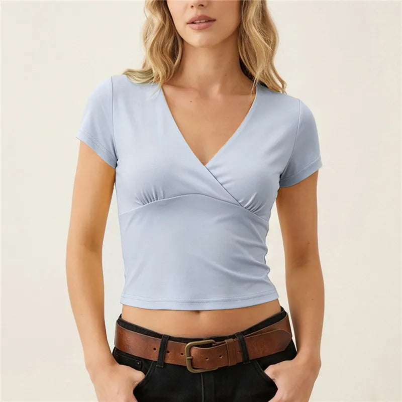 Women's light blue crop top, soft material, perfect for casual outings
