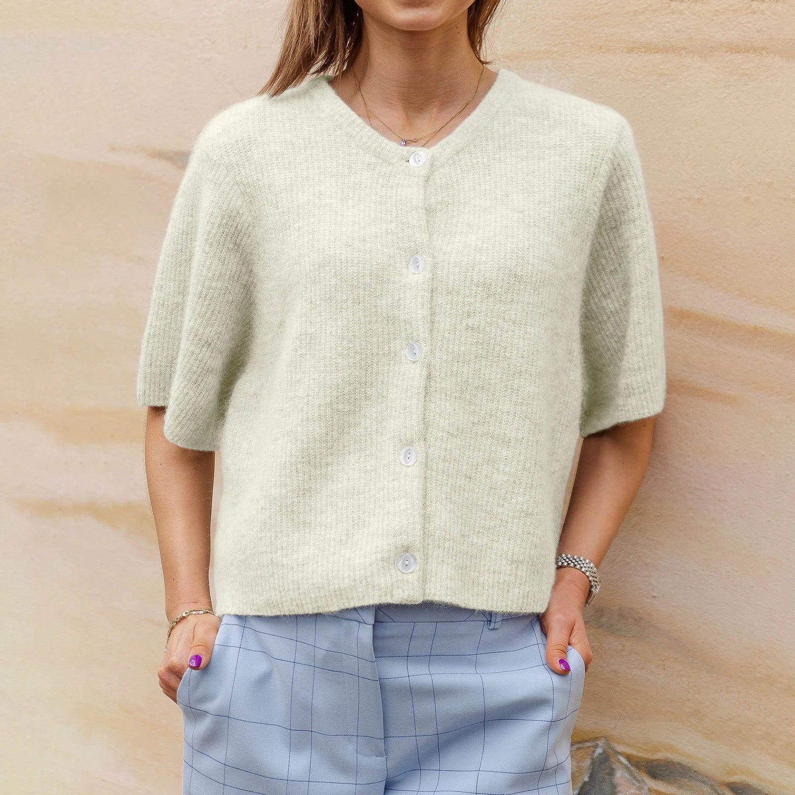 Women's light green crop top, soft knit material for casual outings