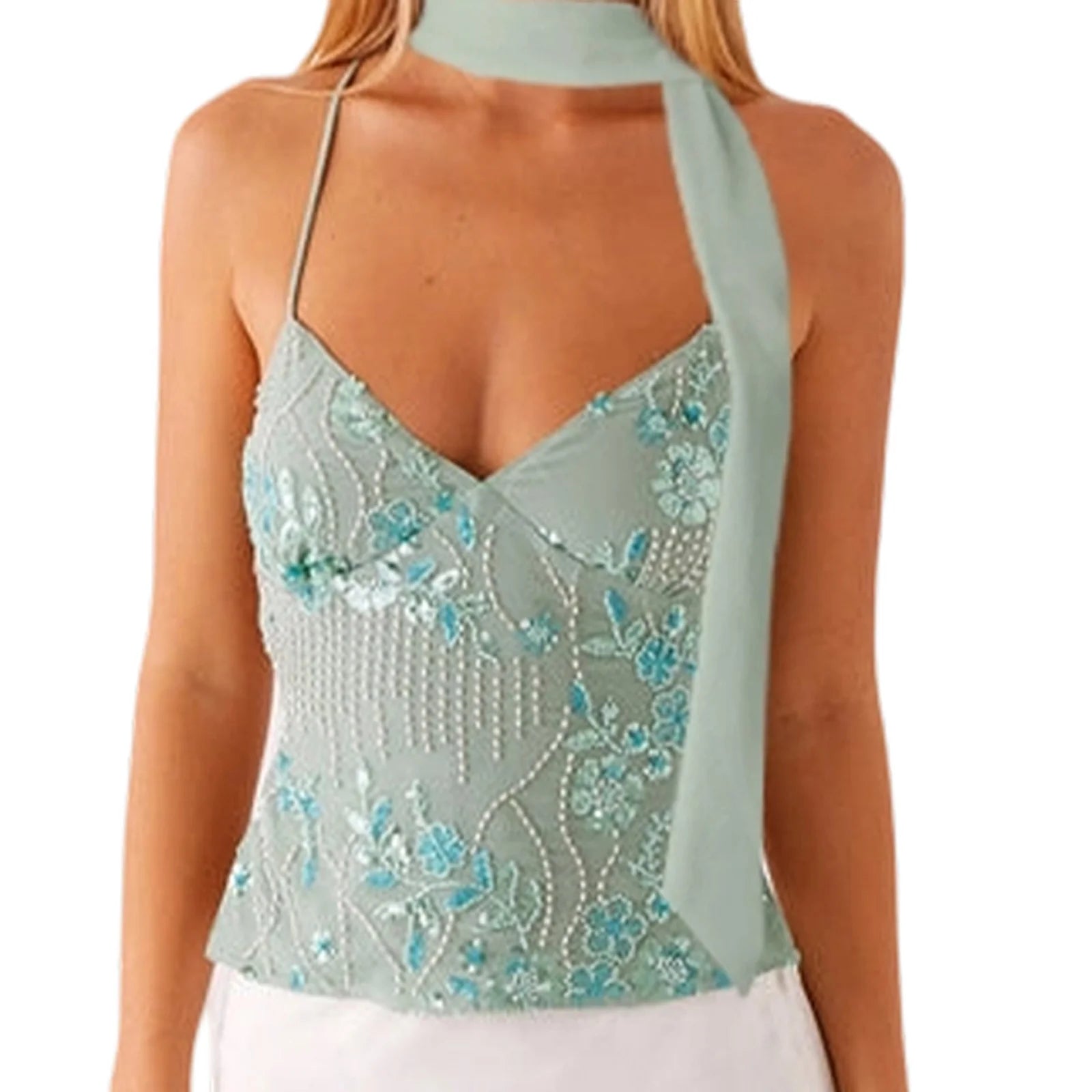 Women's light blue crop top with floral embroidery, perfect for summer outings