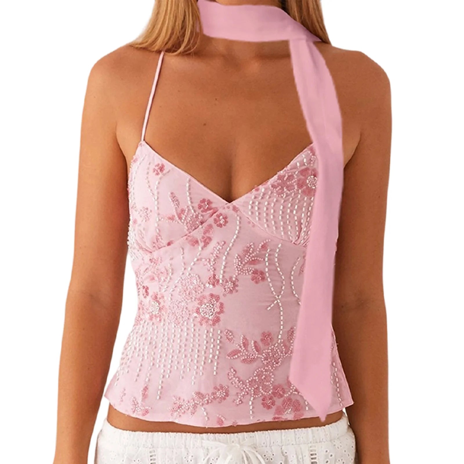 Women's pink crop top with floral embroidery, perfect for summer outings