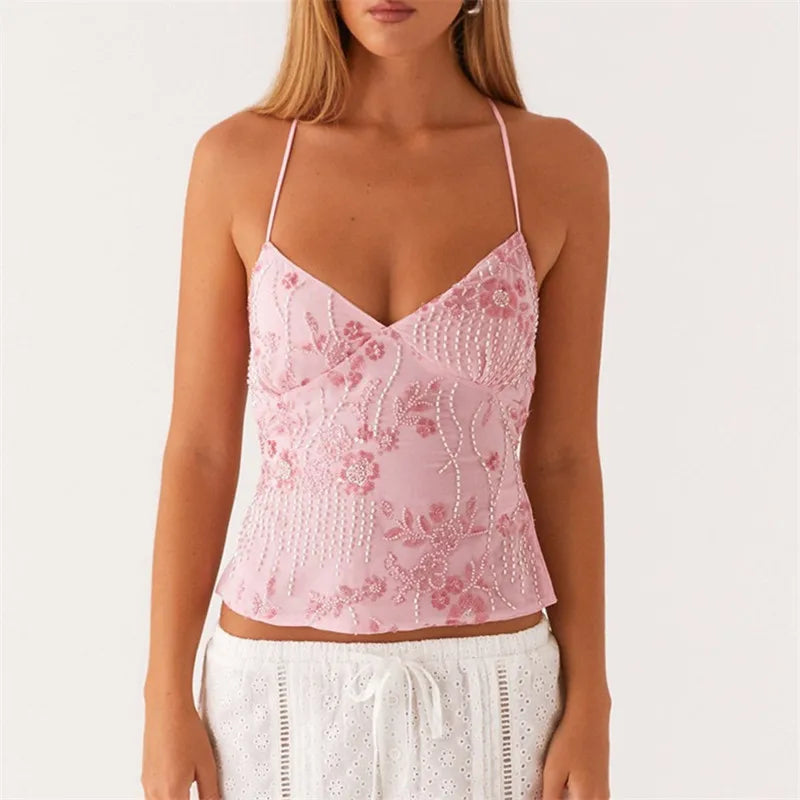 Women's pink floral crop top, lightweight fabric for summer style