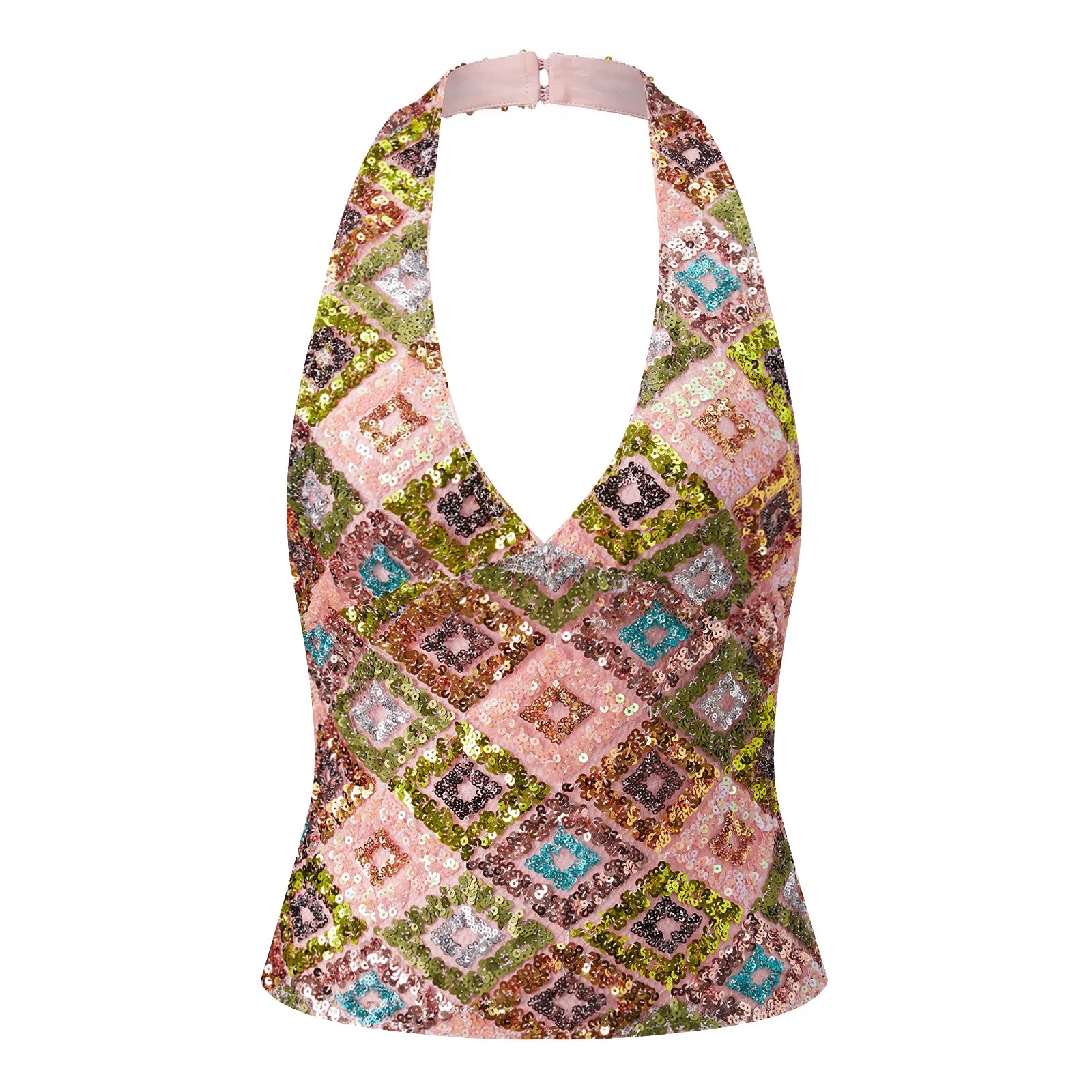 Women's sequin crop top in pink, perfect for summer parties