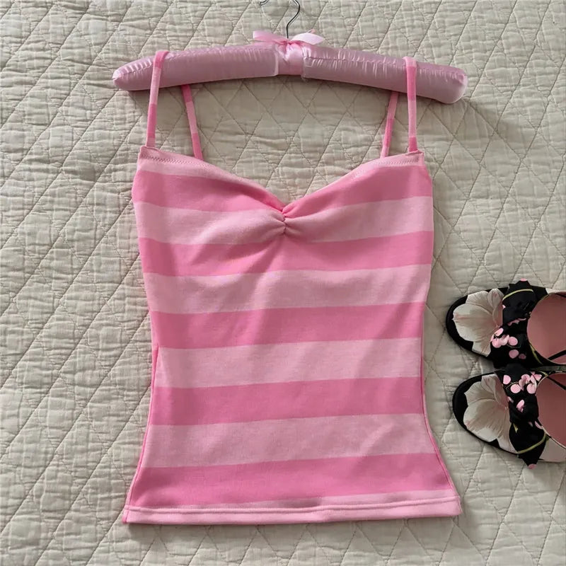Pink striped crop top, stretchy fabric, perfect for summer outings
