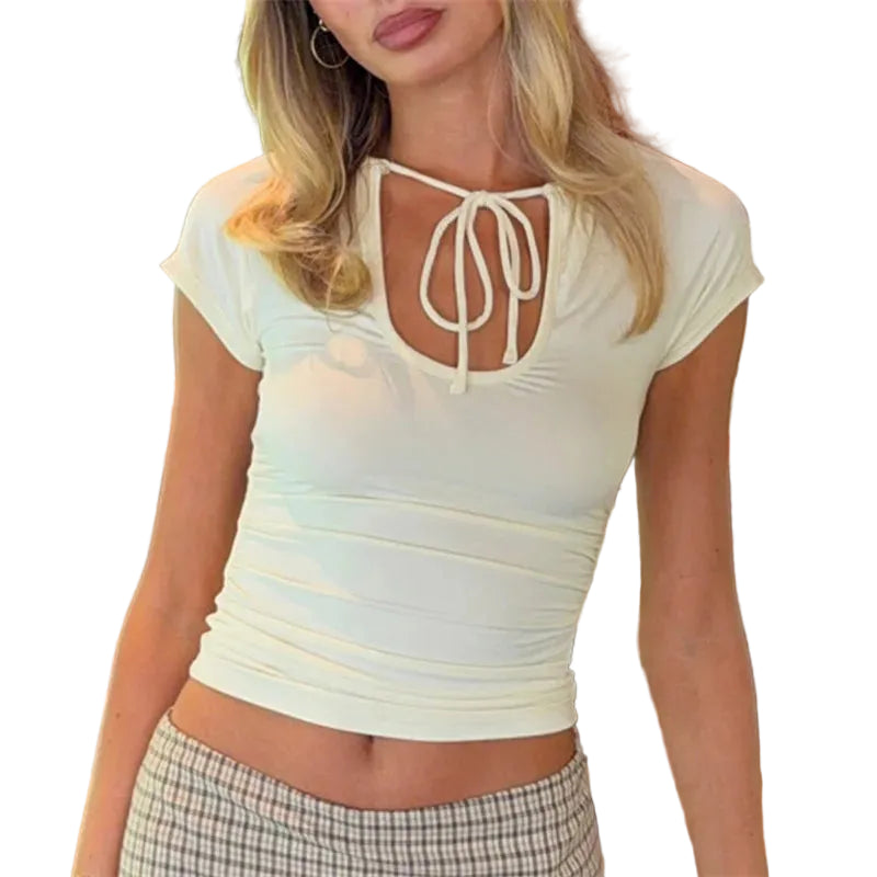 Women's light yellow crop top with tie detail for casual outings