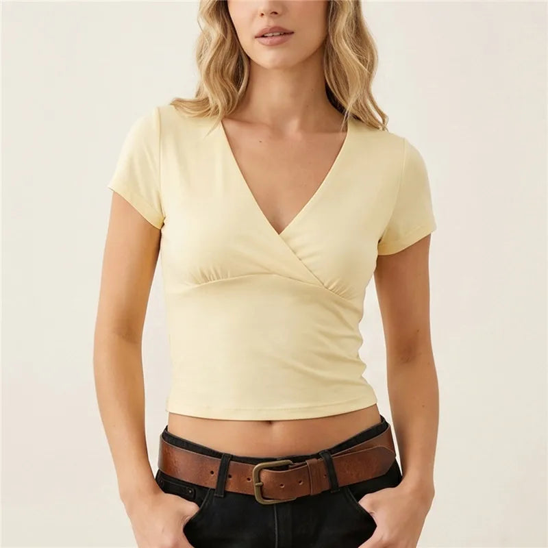 Women's yellow cotton crop top, perfect for casual outings